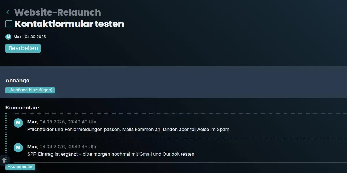Screenshot: Detailansicht einer Aufgabe