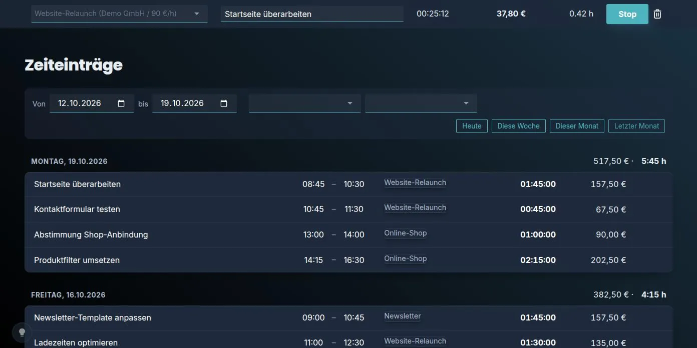 Screenshot: Zeiterfassung in Tildy